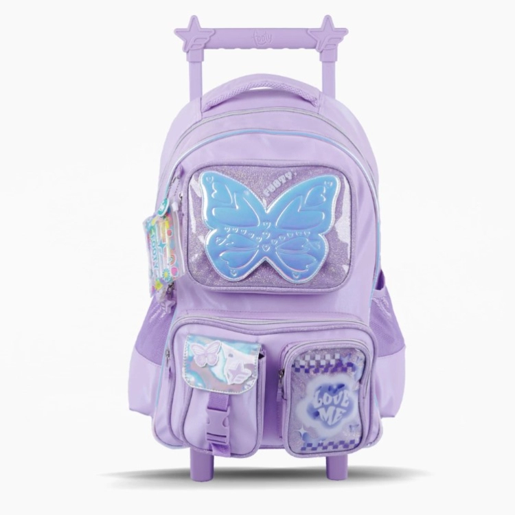 Mochila Escolar Footy 2026 Glow Fly Lila 18" con carro Art.F26341